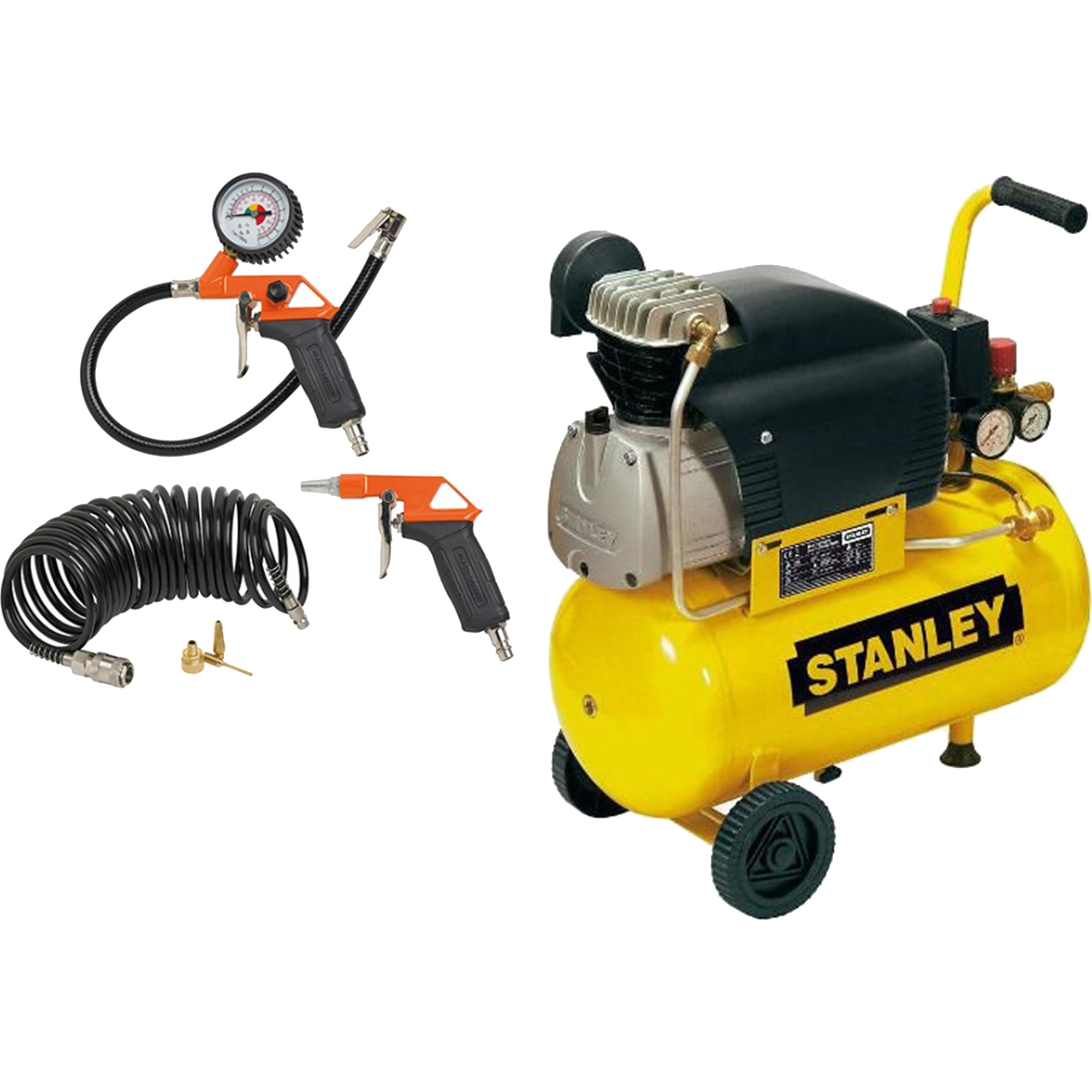 Compresor cu ulei Stanley D211/8/24, 220 V, 8 bar presiune maxima, 220 l min debit aer, 24 l capacitate rezervor + Kit 6 accesorii compresor 9045854BND