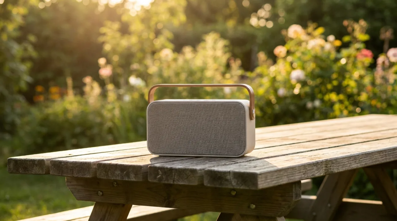Boxă portabilă Bluetooth pe o masă de lemn în aer liber