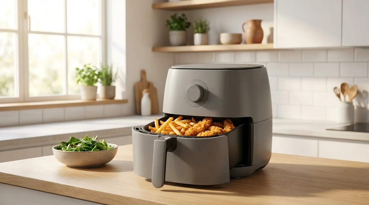 Friteuză cu aer cald (air fryer) pe un blat de bucătărie
