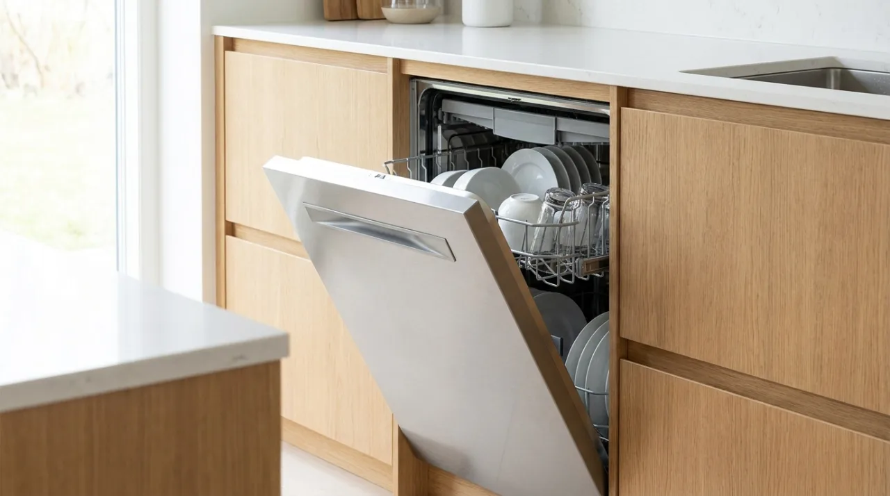 Mașină de spălat vase inox într-o bucătărie modernă