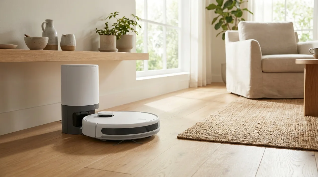 Aspirator robot cu stație de golire pe podea de lemn