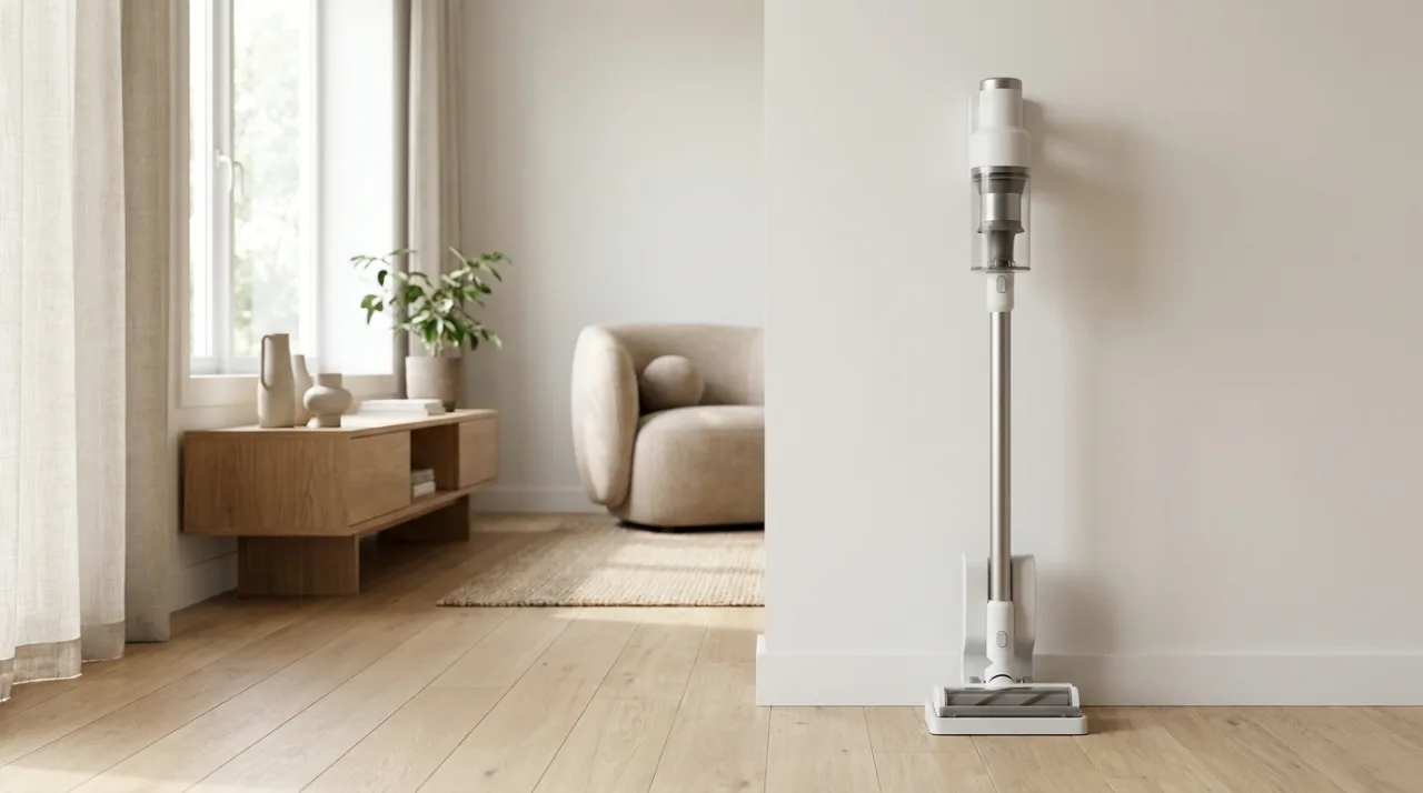 Aspirator vertical fără fir într-un living modern