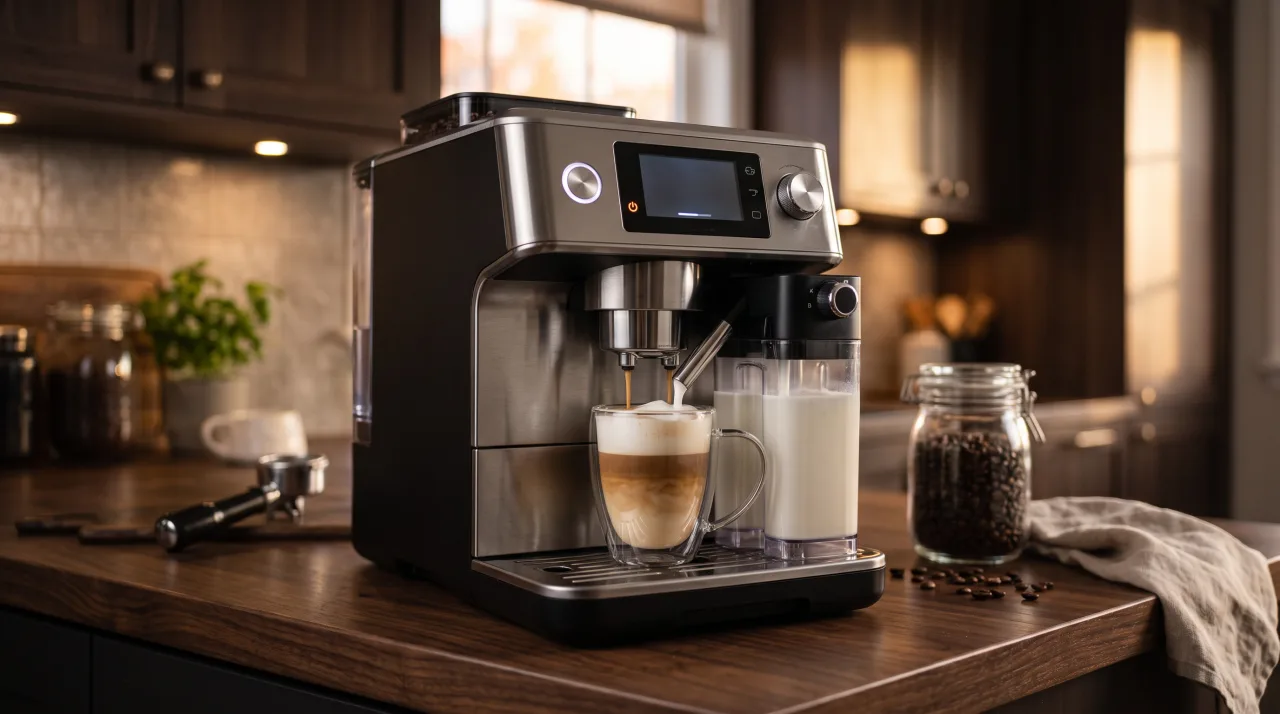 Espressor automat cu râșniță pe blatul unei bucătării luminoase