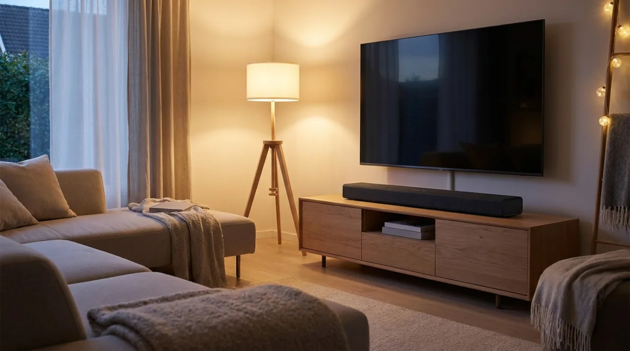 Soundbar sub un televizor montat pe perete în living