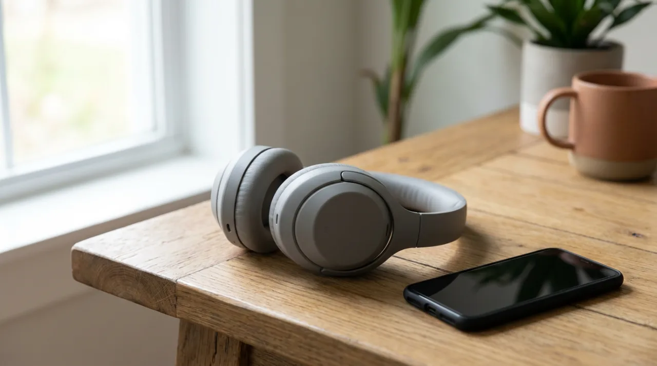 Căști wireless over-ear pe un birou de lemn