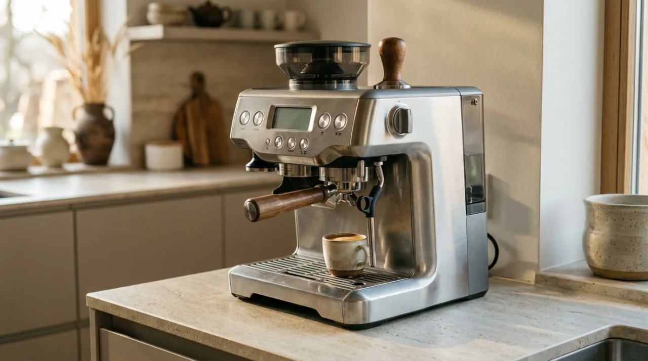 Espressor automat cu râșniță pe blatul unei bucătării luminoase